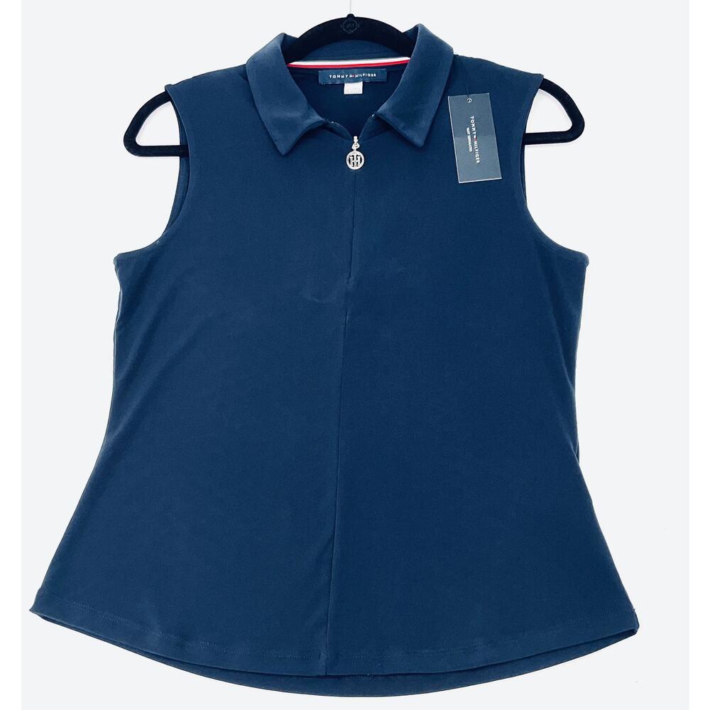 Tommy Hilfiger Navy Half-Zip Sleeveless Nautical Silver Accent Blouse NWT S - Picture 2 of 10
